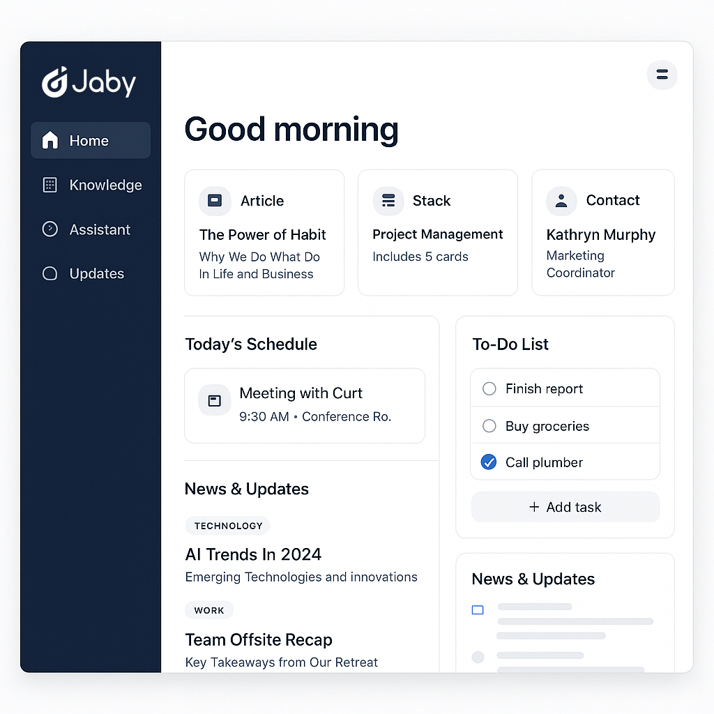 Screenshot of Jaby's interface showing curated information cards and stacks